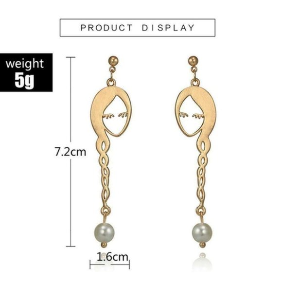 New Silhouette Face Dangle Gold Pearl Earrings - Picture 4 of 5